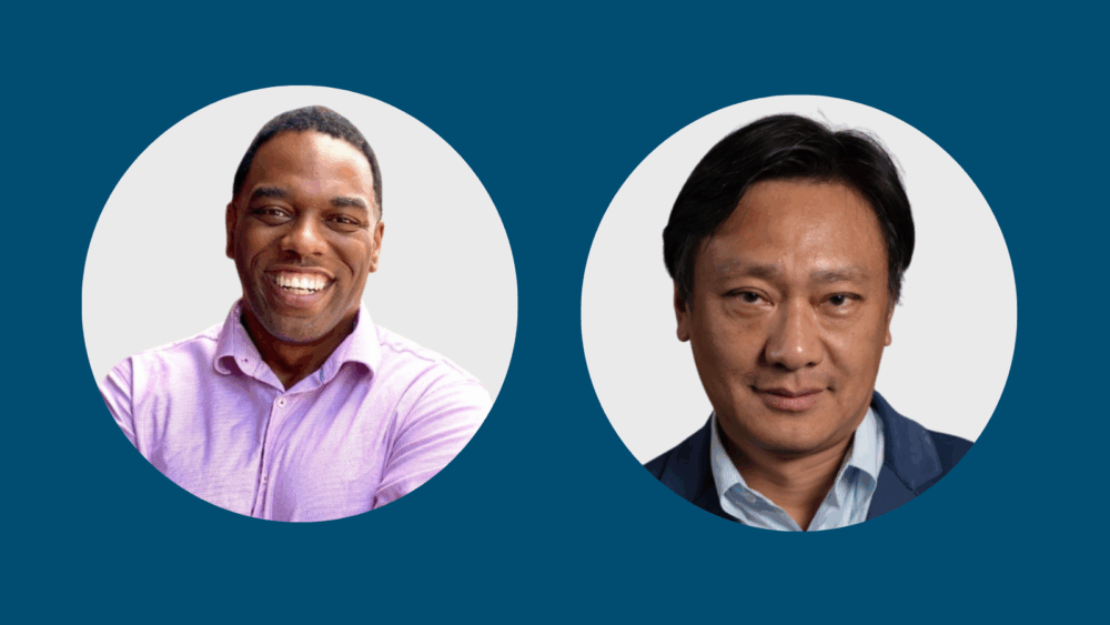 Two men are shown in separate circular frames on a blue background; one is smiling in a pink shirt, the other is serious in a blue suit jacket and light blue shirt.